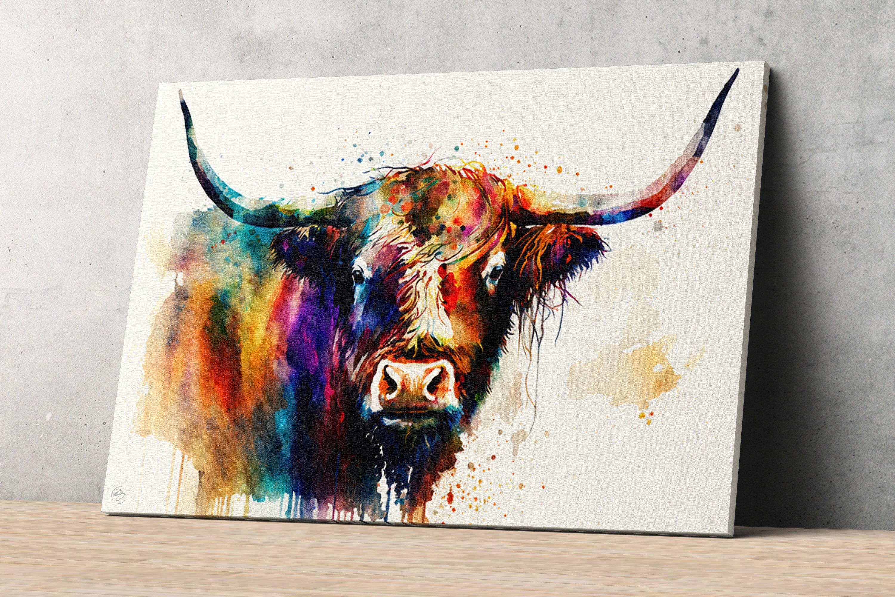 Highland Cow Portrait: Watercolor Highland Cattle Art, Giclee Canvas Print, Artist Paper, Watercolor Paper, Available in Extra Large Sizes