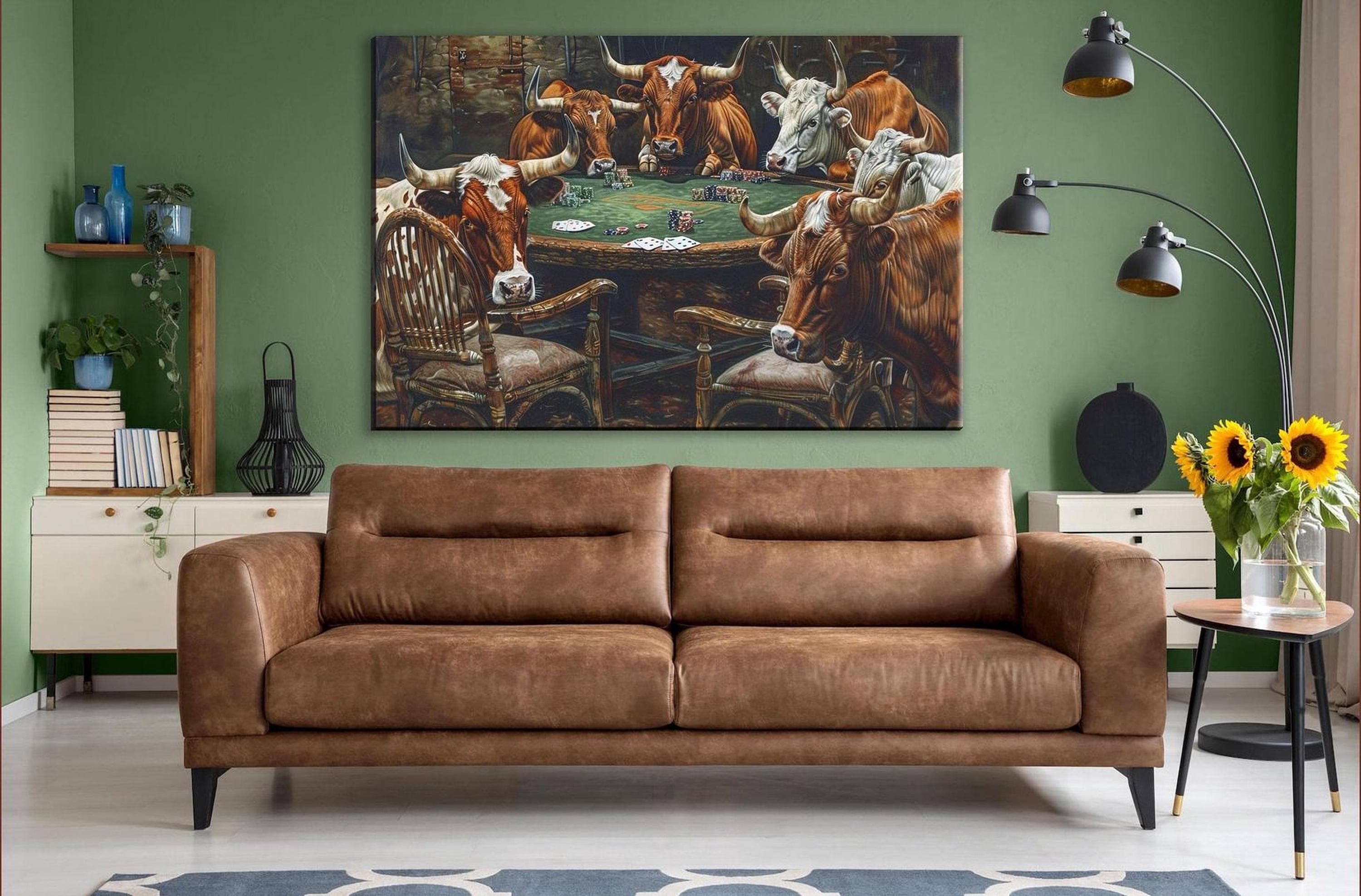 a large painting of a group of cows gathered around a table, playing a card game.