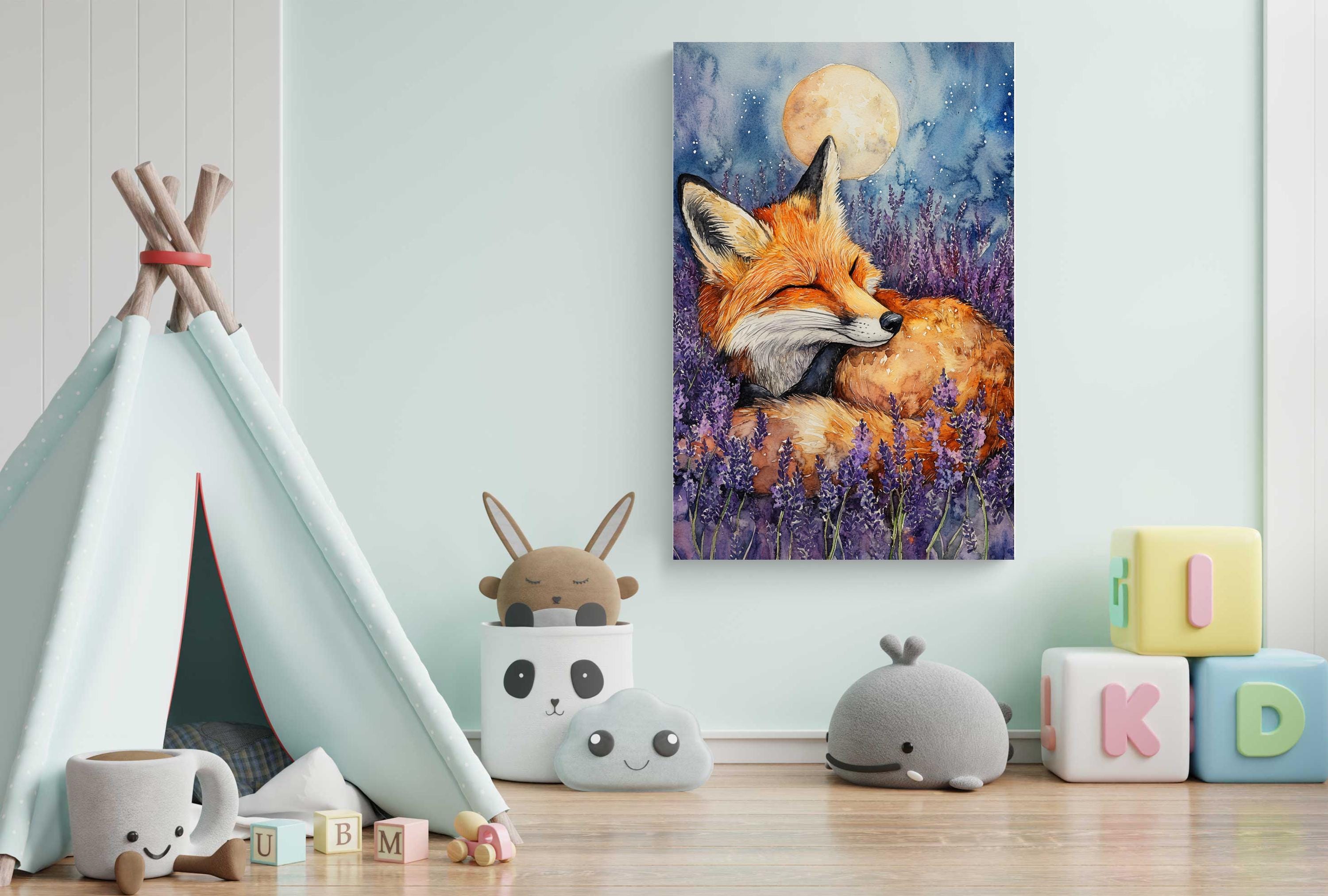 A cozy children's bedroom with a teepee, stuffed animals, and a painting of a sleeping fox in a field of lavender.
