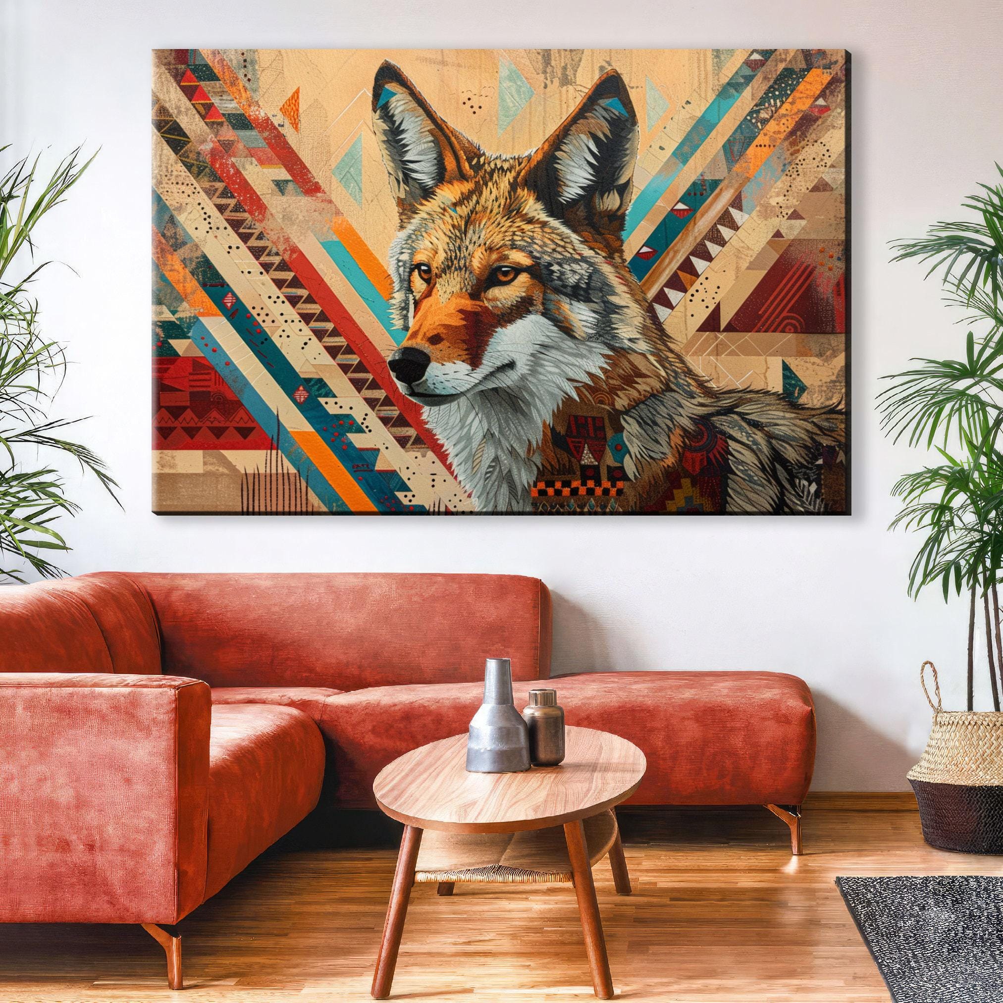 Tribal Coyote Wall Art – Native American Art on Extra Large Gallery Wrapped Canvas