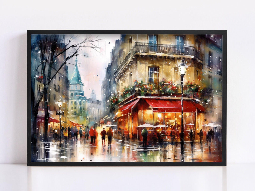 Christmas Watercolor Cityscape - Paris Holiday Wall Art, Print on Canvas, Artist Paper, Watercolor Paper, Available in Extra Large Sizes