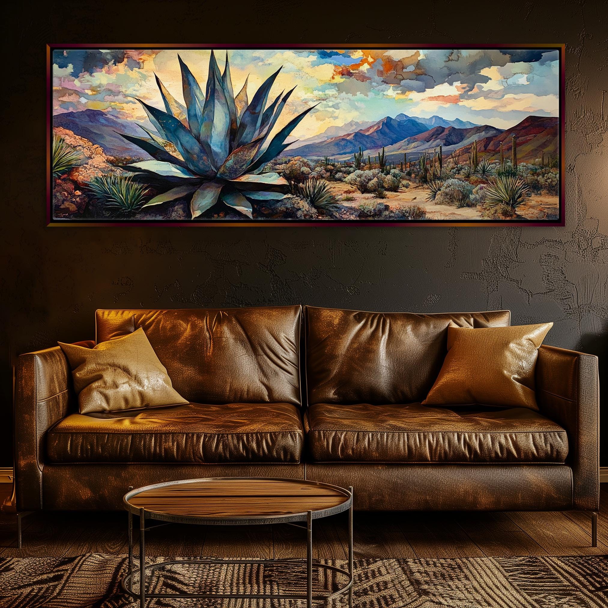 a living room with a couch and a painting on the wall