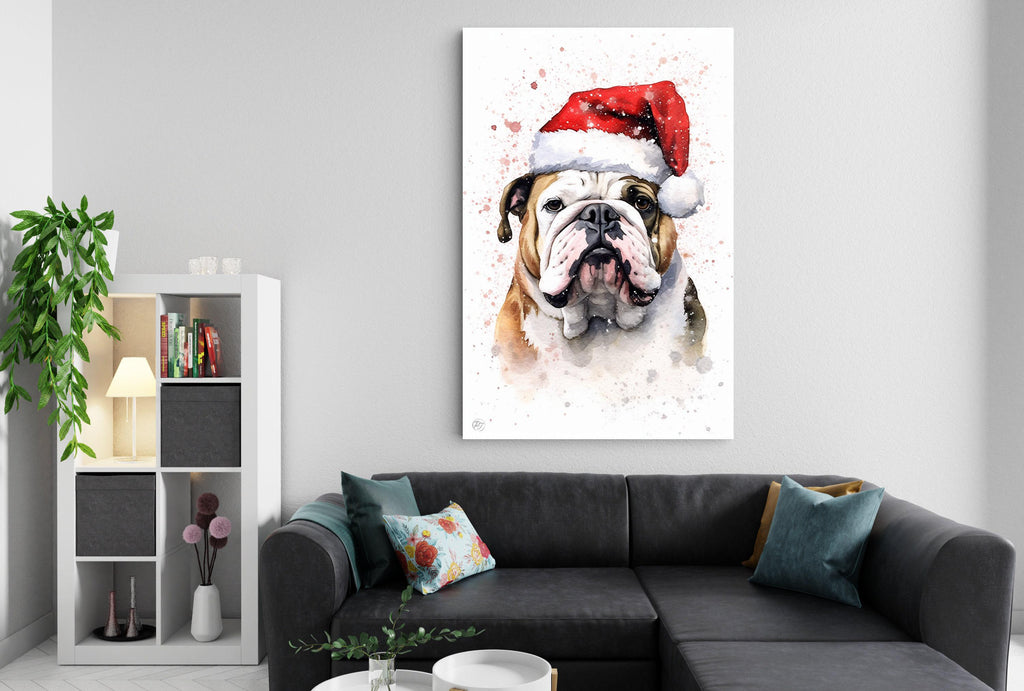 Christmas Bulldog - English Bulldog with Santa Hat, Giclee Print on Canvas, Artist Paper, Watercolor Paper, Available in Extra Large Sizes
