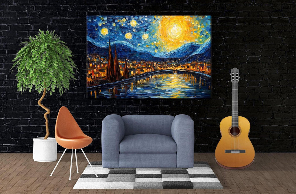 a modern living room with a large painting of a cityscape on the wall, a guitar, a chair, and a potted plant.