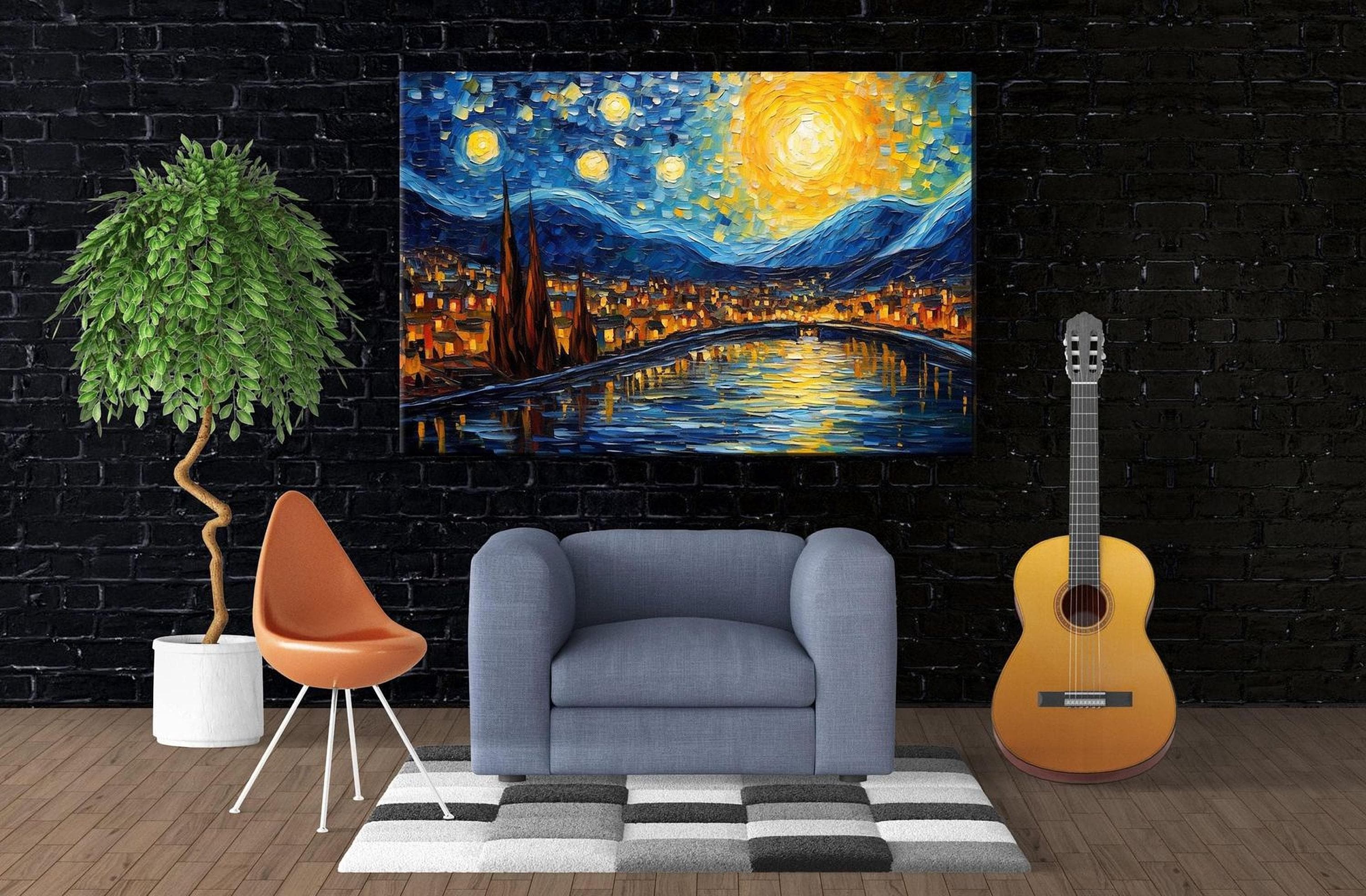 a modern living room with a large painting of a cityscape on the wall, a guitar, a chair, and a potted plant.