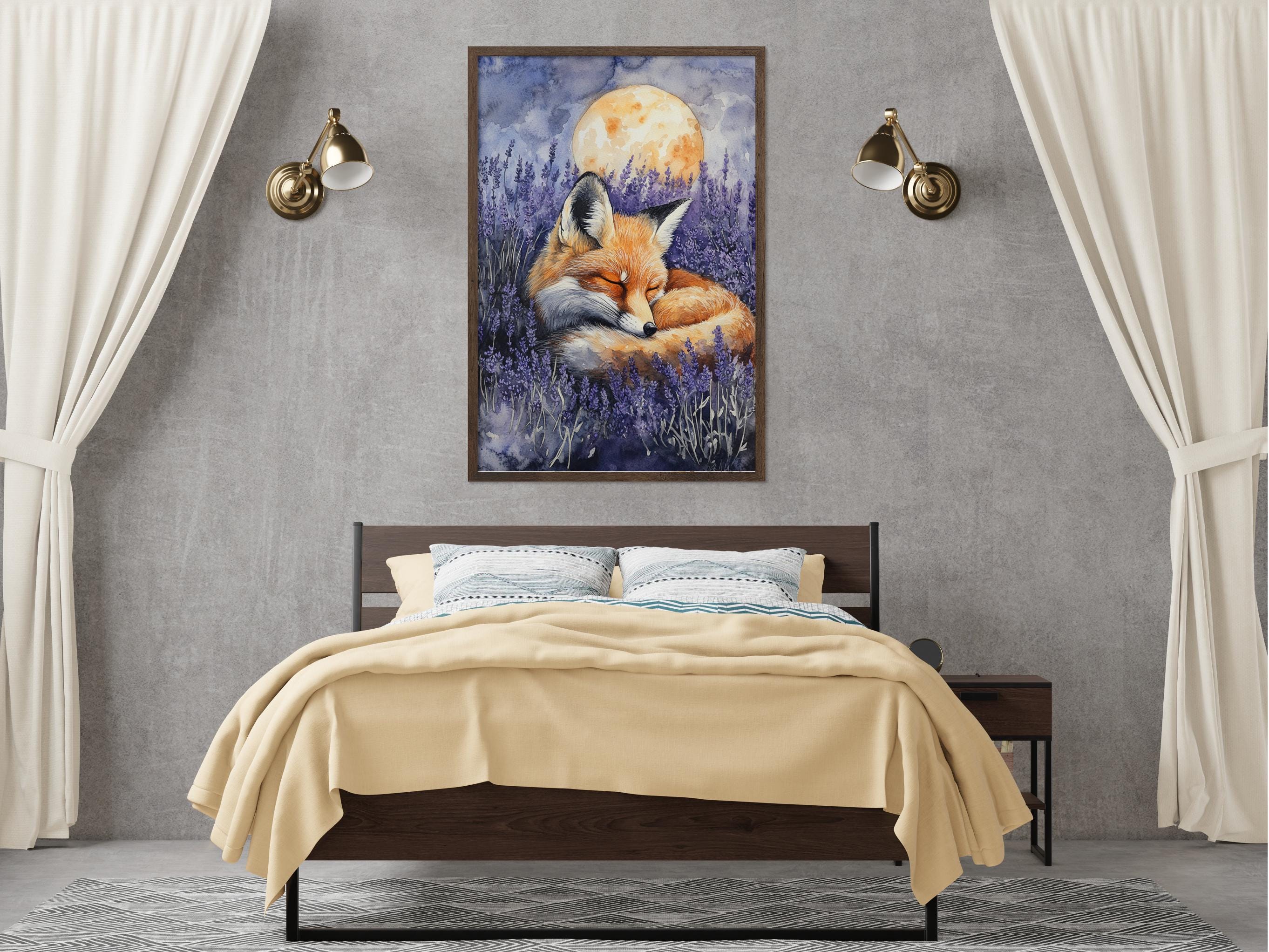 a bedroom with a large bed, a nightstand, and a framed painting of a fox resting in a field of lavender.