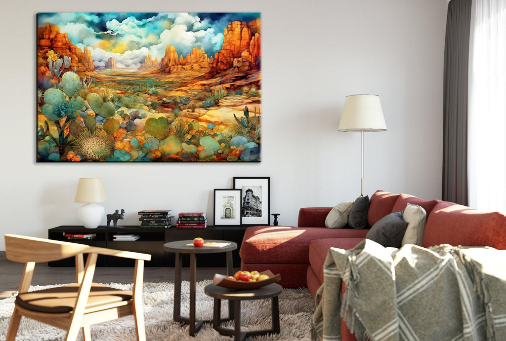 a cozy living room with a large, colorful painting of a desert landscape hanging on the wall. The room is furnished with a red couch, a wooden chair, and a coffee table with a bowl of fruit. The overall atmosphere of the room is warm and inviting, with the painting adding a vibrant touch to the space.