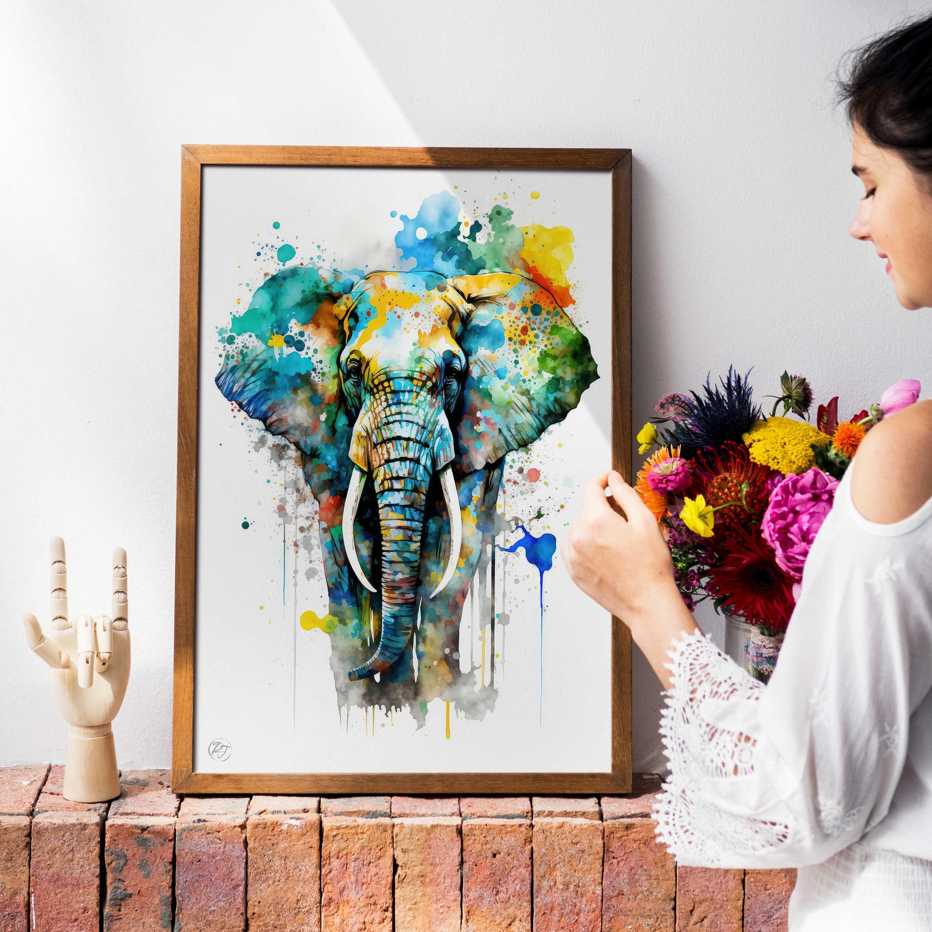 Elephant Watercolor Art Print, Nursery Animal Canvas Print, Cute Elephant Decor, Colorful Framed Kids Wall Art