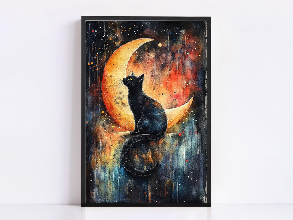 A framed painting depicting a black cat sitting on a crescent moon, with a starry night sky in the background.
