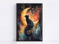 A framed painting depicting a black cat sitting on a crescent moon, with a starry night sky in the background.
