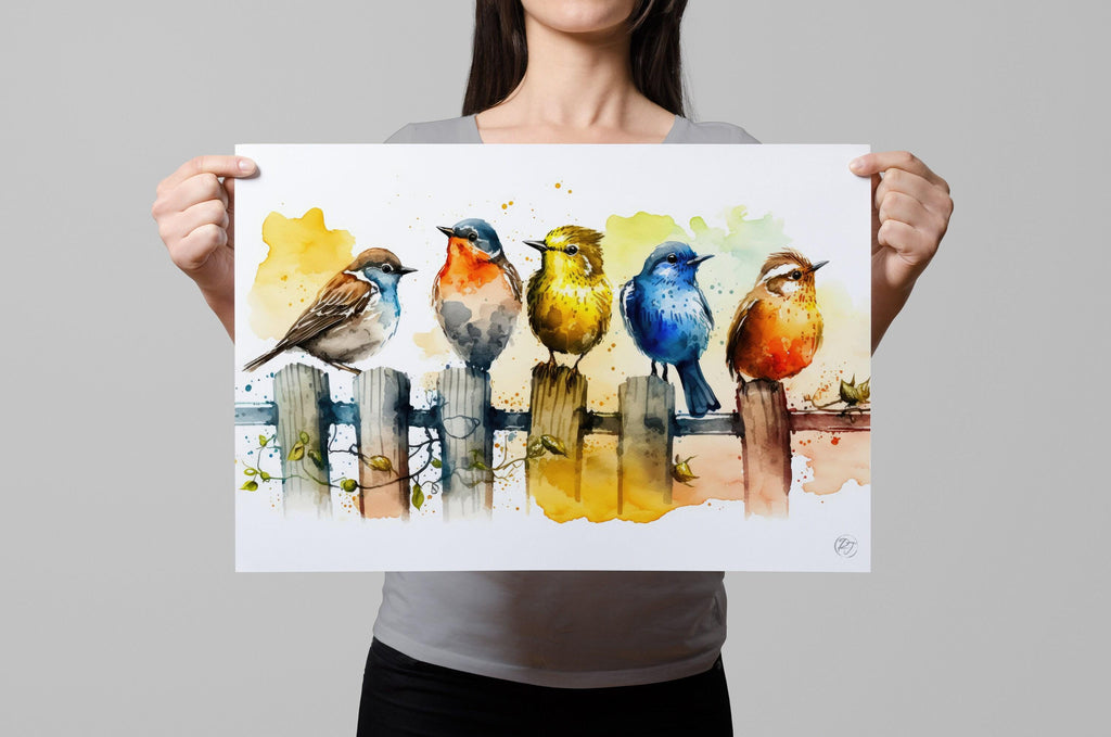 Birds Watercolor Art Print, Colorful Canvas Print, Nature Animals Framed Wall Art