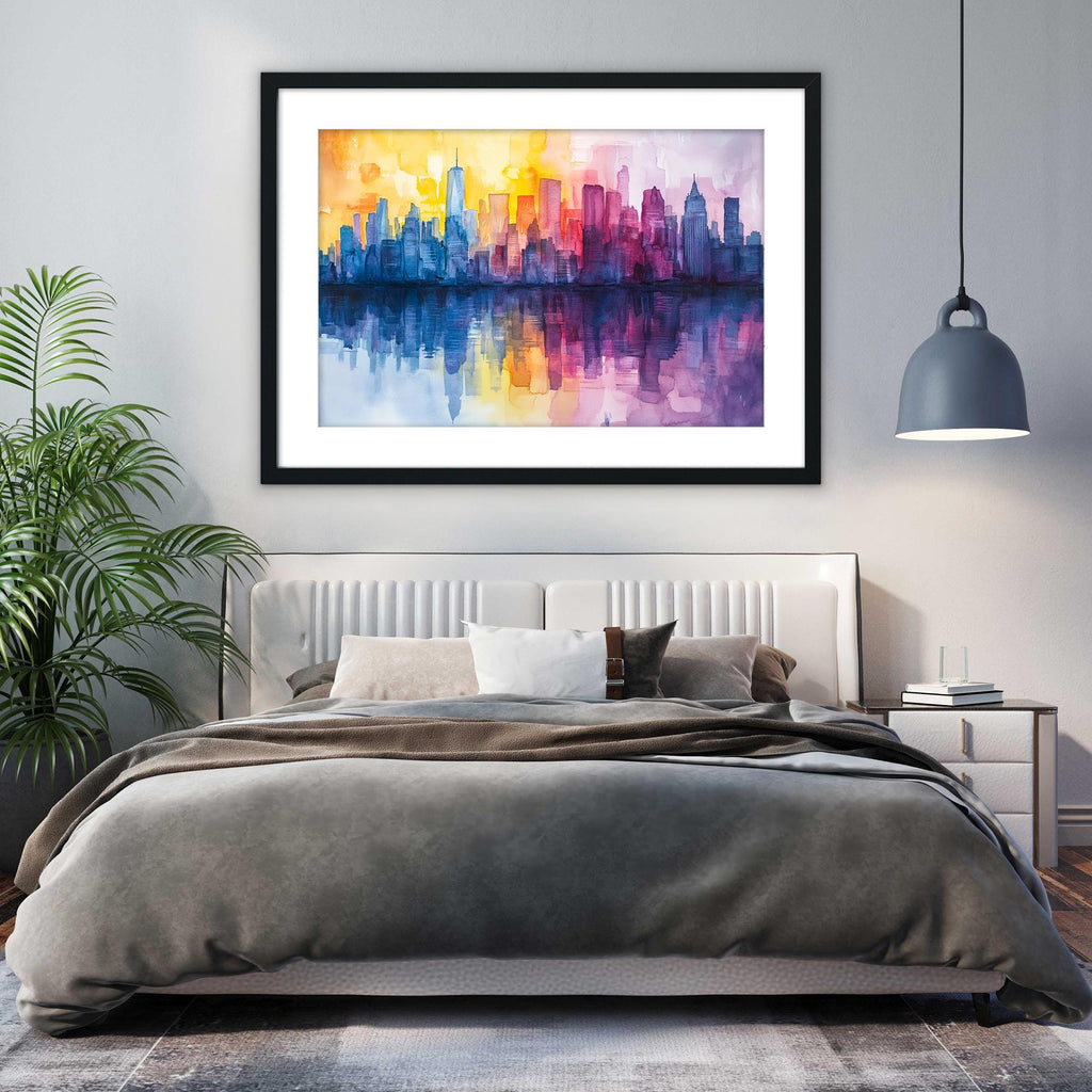 a bedroom with a large bed, a framed painting of a city skyline, and a potted plant.