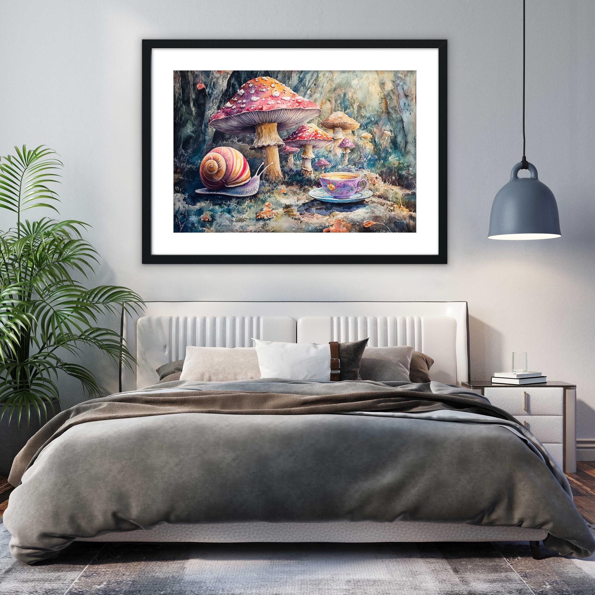 a bedroom with a large bed, a framed painting of colorful mushrooms and snails on the wall above it, and a potted plant to the left.