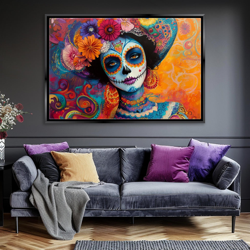 Day of the Dead Canvas - Colorful Wall Art | Extra Large Sugar Skull Print, Ready to Hang