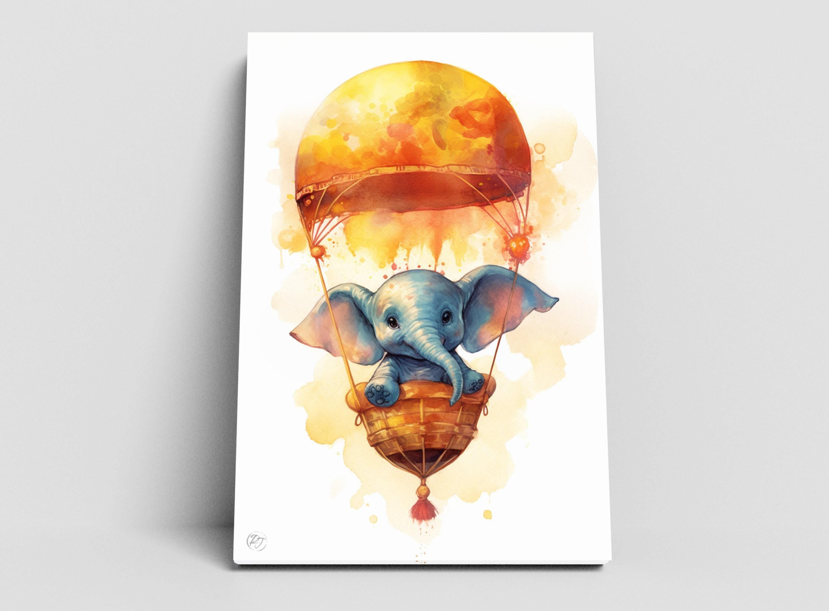 Baby Elephant Hot Air Balloon Watercolor Nursery Decor, Print on Canvas, Artist Paper, Watercolor Paper, Available in Extra Large Sizes