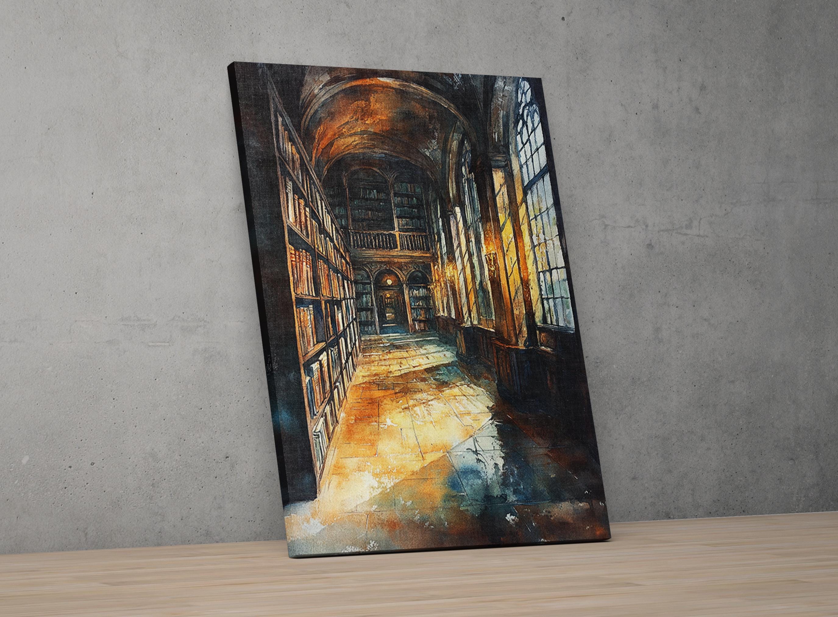 a grand library with a long, arched hallway lined with bookshelves on both sides. The hallway is illuminated by natural light streaming in through the windows, creating a warm and inviting atmosphere.