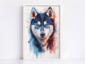 A framed painting depicting a close-up of a husky dog's face, with its striking blue eyes and distinctive features.