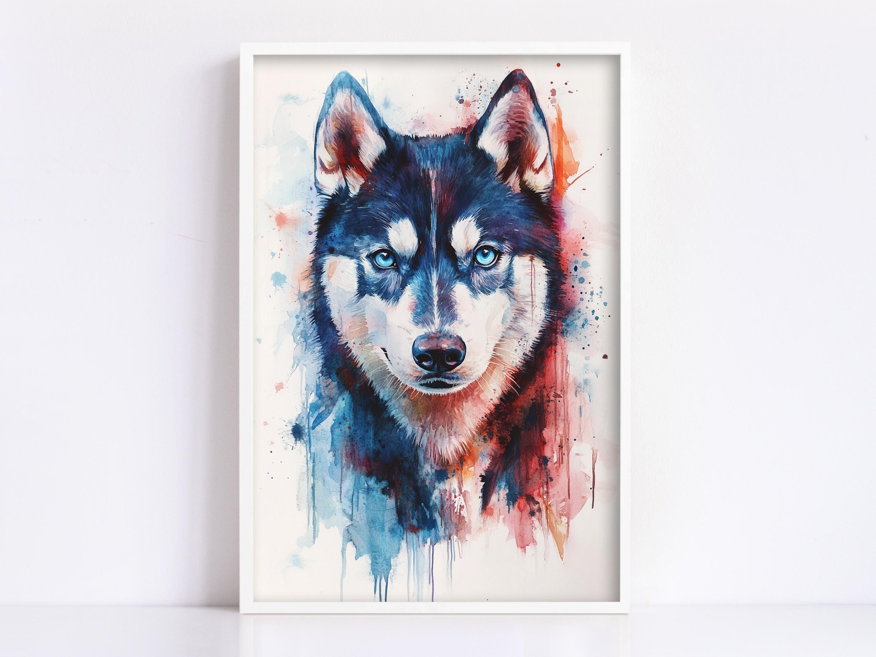 A framed painting depicting a close-up of a husky dog's face, with its striking blue eyes and distinctive features.