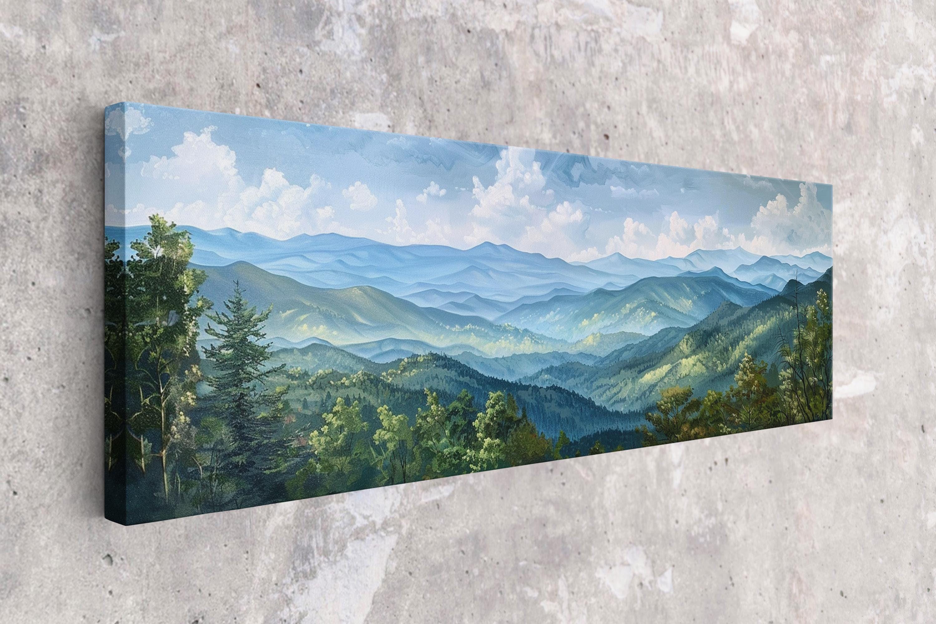A landscape painting depicting a mountainous, forested area with rolling hills and a blue sky with clouds.