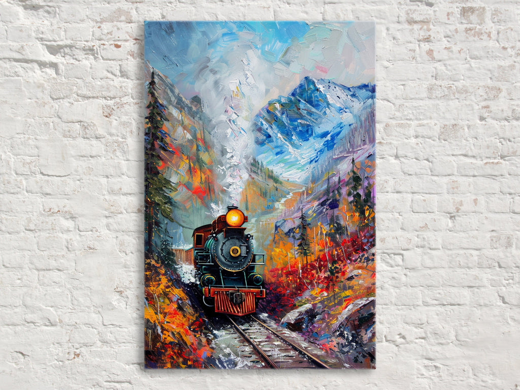 Train Station Canvas - Vintage Train Art | Fall Mountain Painting on Gallery Wrapped Canvas
