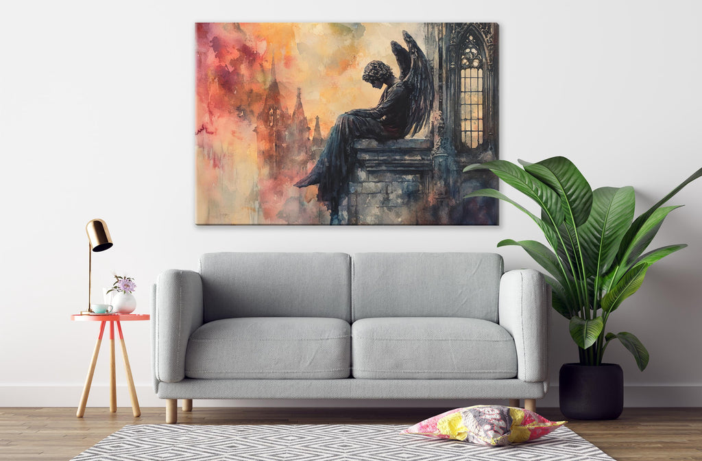 a gray sofa, a potted plant, a painting of an angel, and a lamp on a side table.