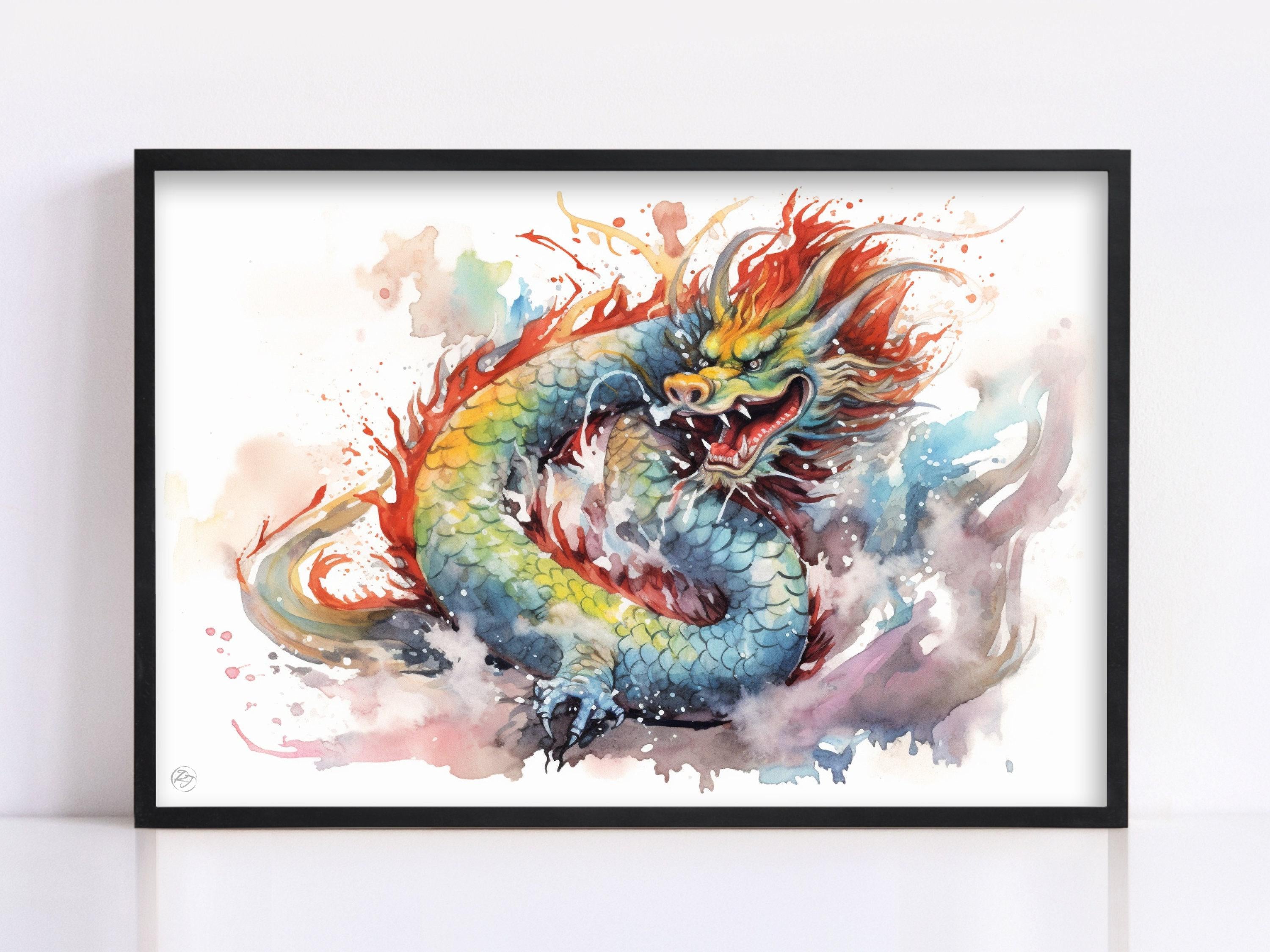 Dragon of Prosperity: Chinese Dragon Watercolor Art, Giclee Print on Canvas, Artist Paper, Watercolor Paper, Available in Extra Large Sizes