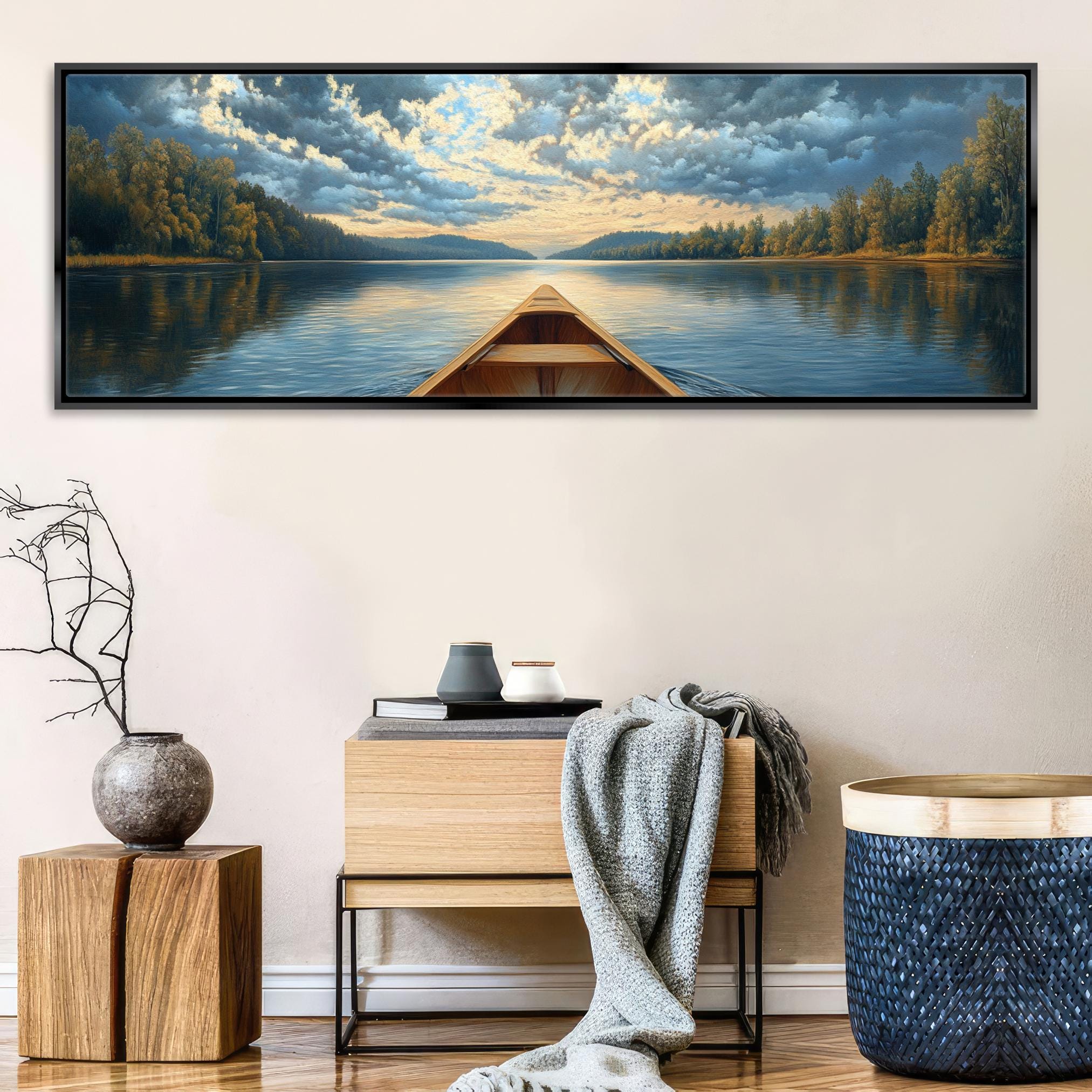 a painting of a boat on a lake