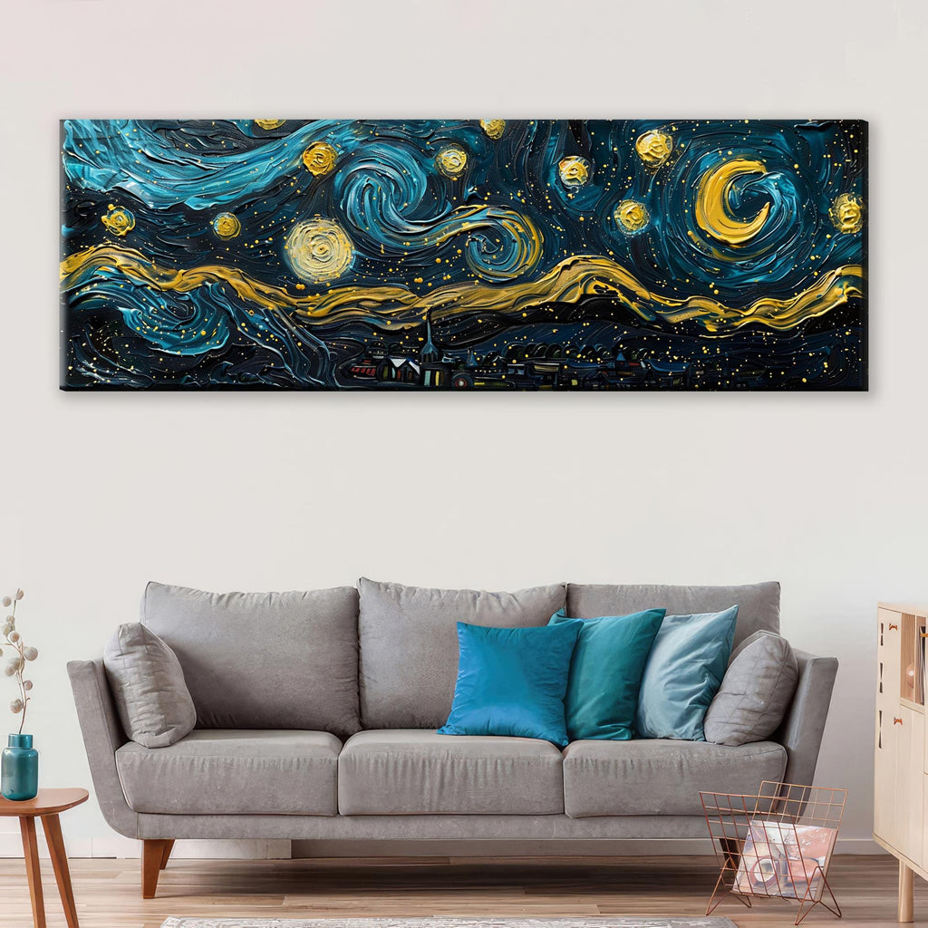 a living room with a couch and a painting on the wall