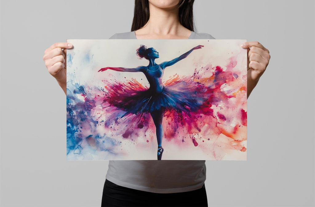 A woman is holding up a framed print of a colorful painting depicting a ballerina in a dynamic pose.
