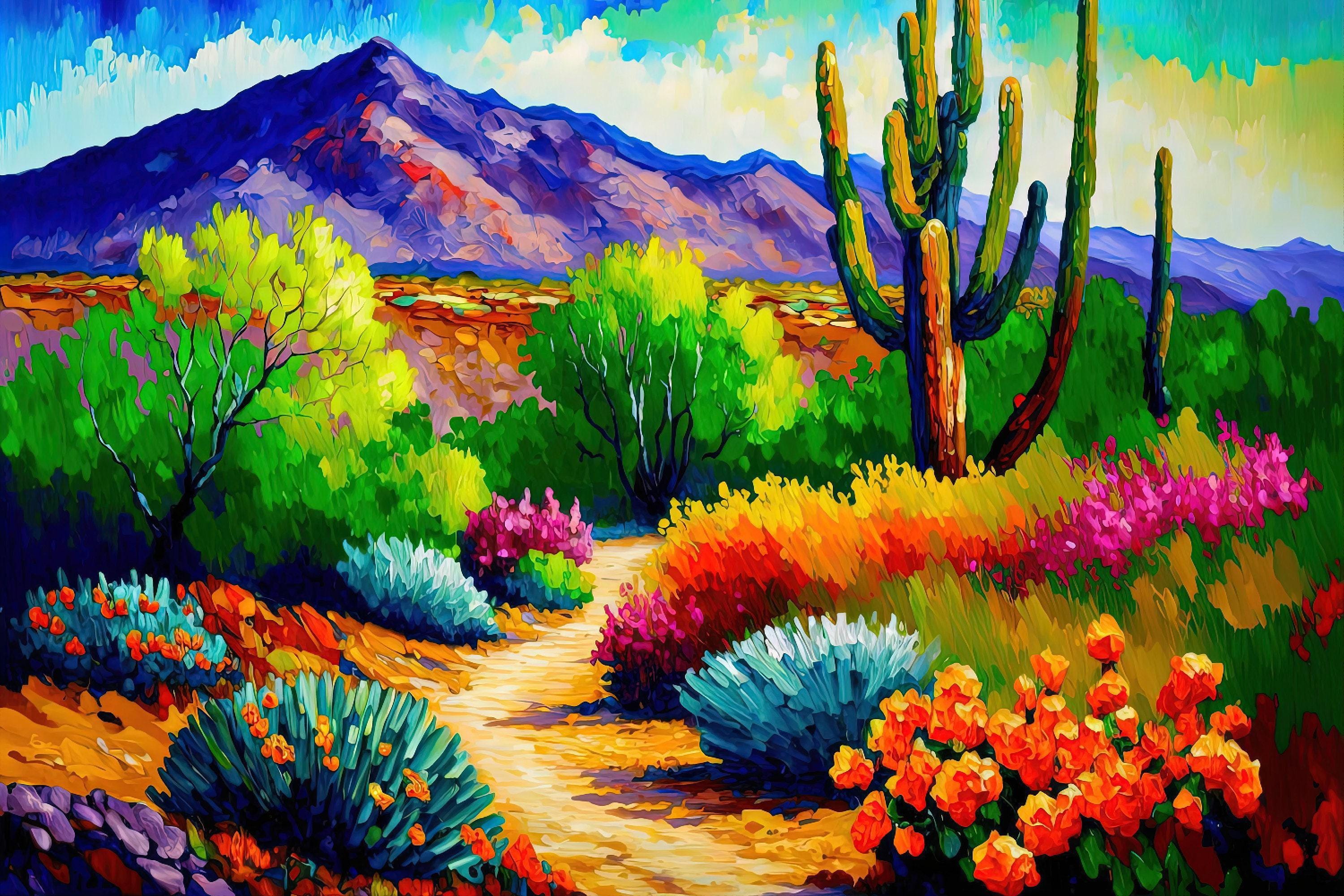 A vibrant and colorful desert landscape painting featuring a winding path surrounded by a variety of desert plants, flowers, and mountains in the background.