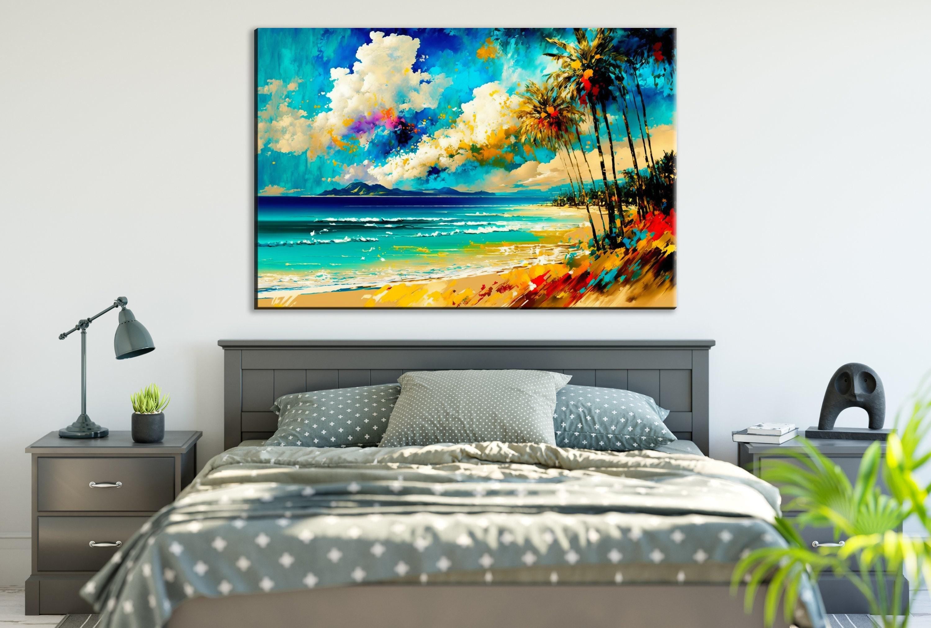 Beach Canvas Wall Art – Large Coastal Wall Art With Real Wood Frame, Tranquil Scene