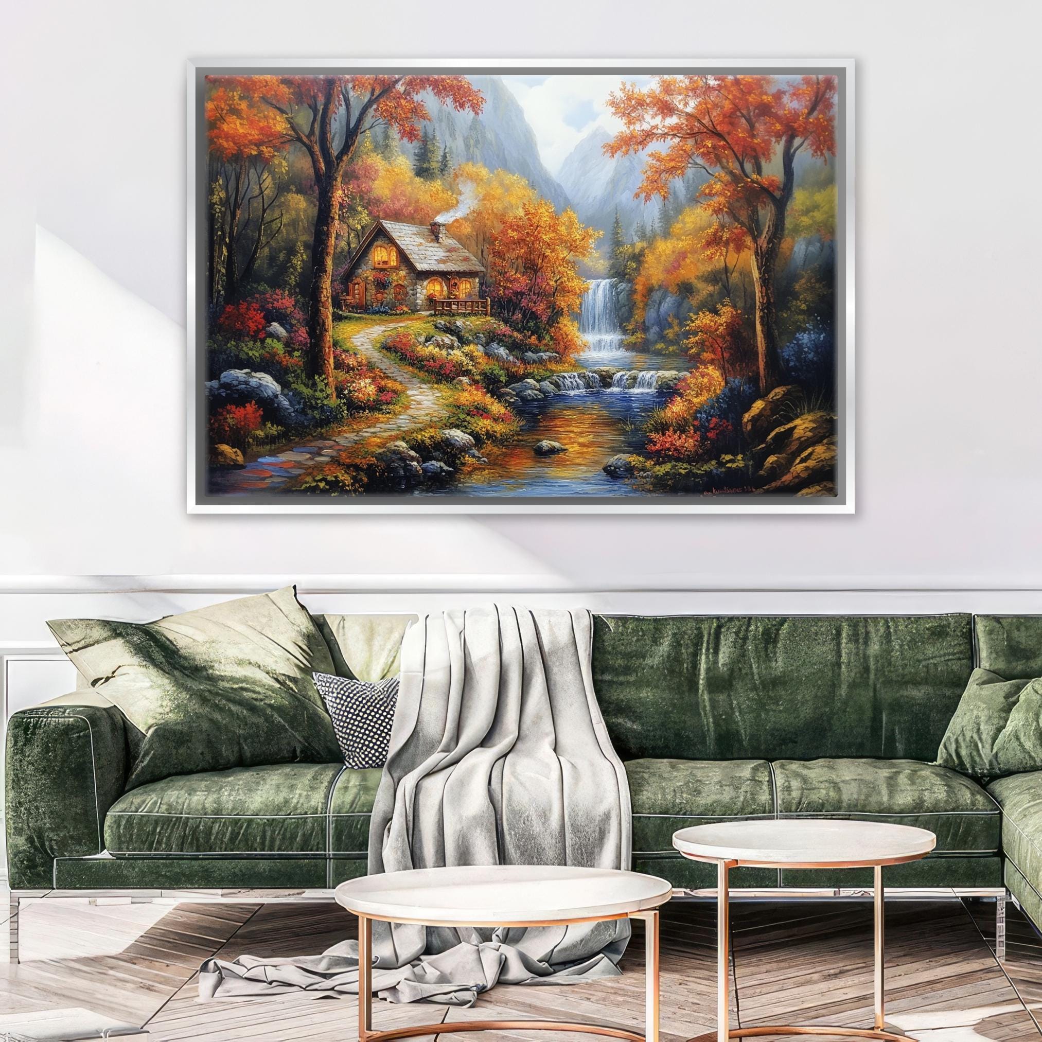 Autumn Landscape Canvas - Extra Large Framed Fall Wall Art, Cozy Rustic Decor