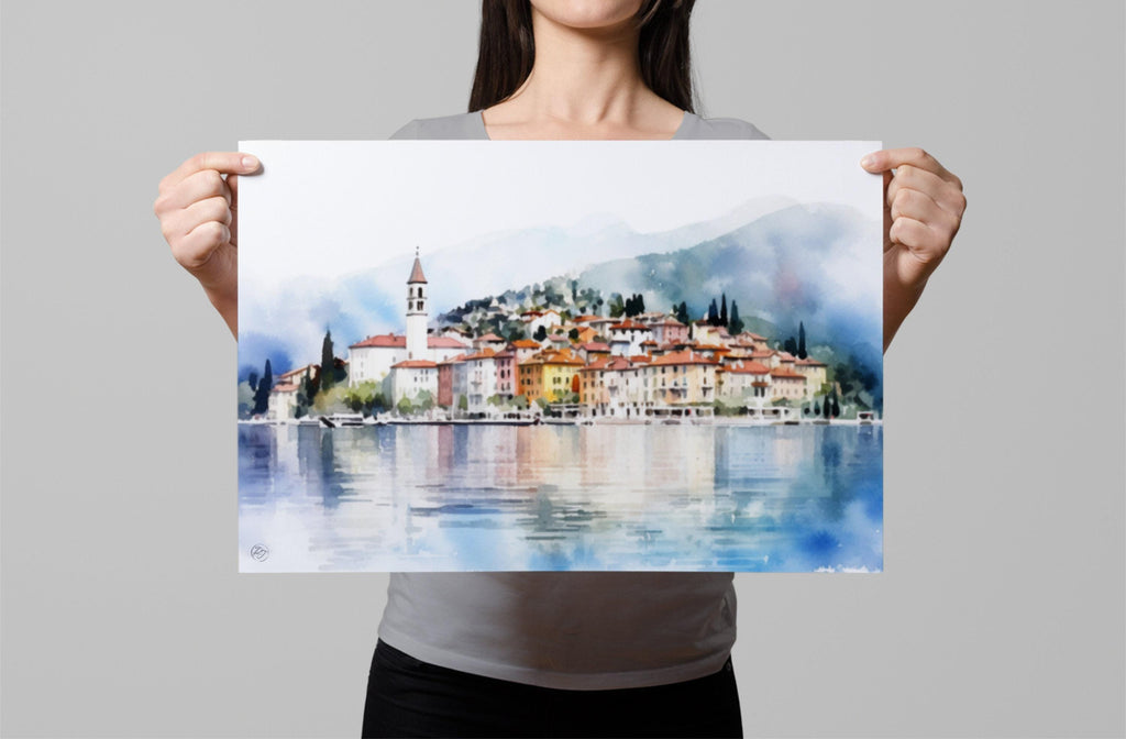 Lake Como Serenity: Bellagio Italy Watercolor Art, Giclee Print on Canvas, Artist Paper, Watercolor Paper, Available in Extra Large Sizes