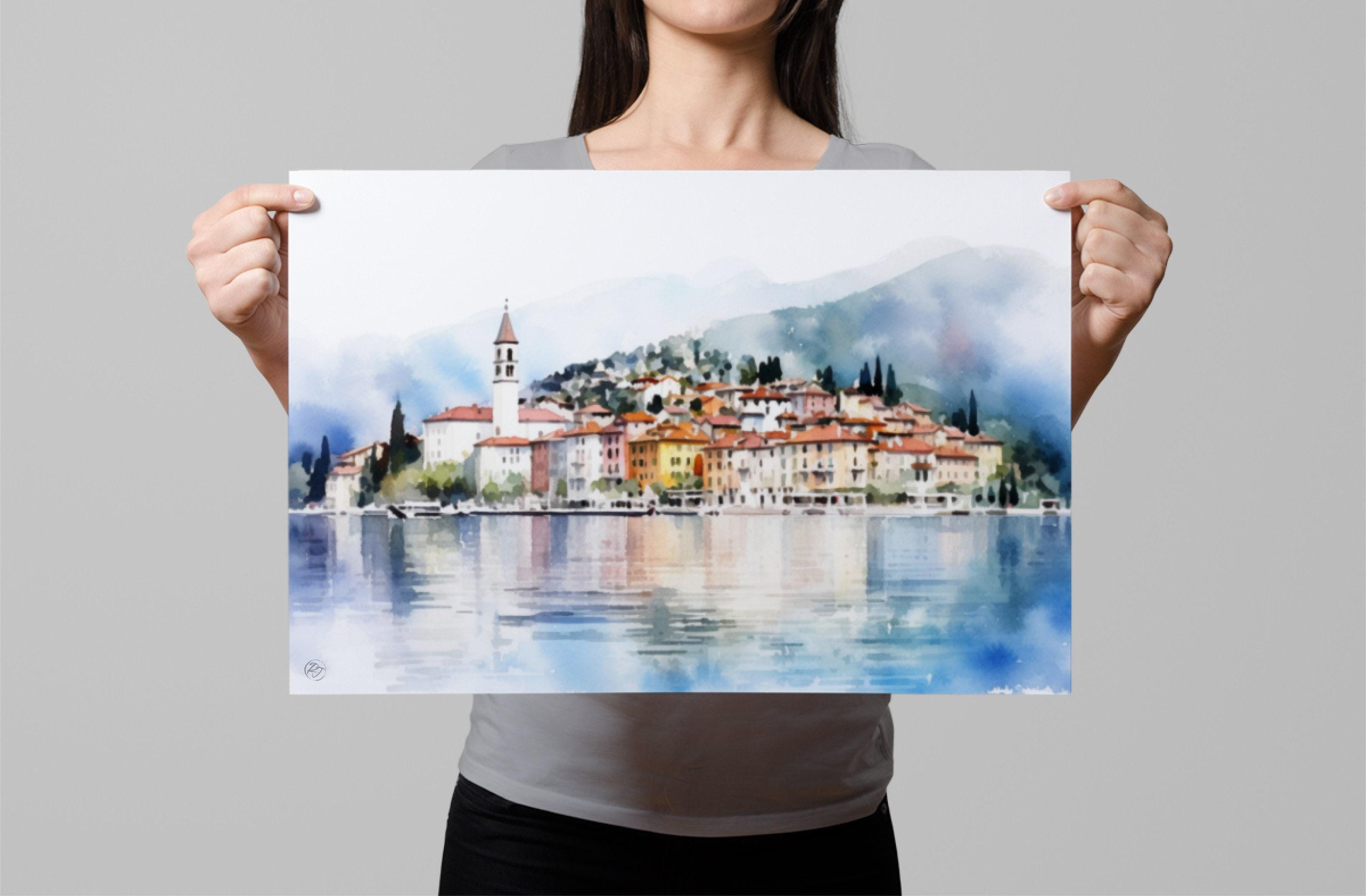 Lake Como Serenity: Bellagio Italy Watercolor Art, Giclee Print on Canvas, Artist Paper, Watercolor Paper, Available in Extra Large Sizes