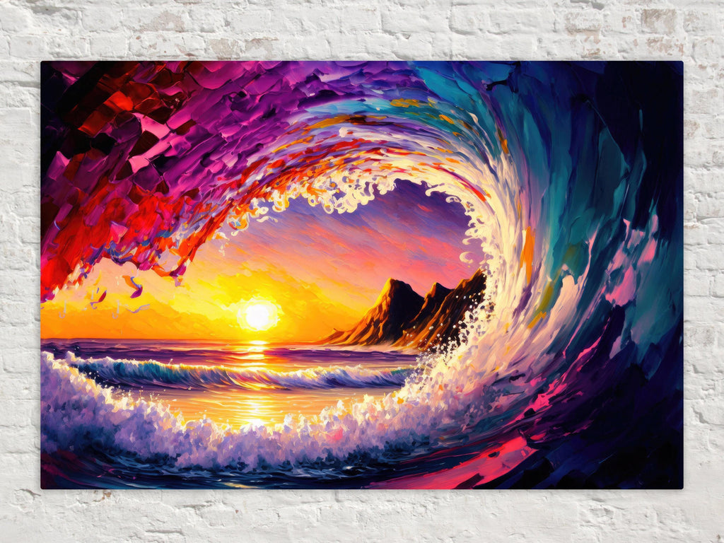 Ocean Wave Canvas Print - Hawaii Surfer Art | Big Wave Art Print, Vibrant Sunset Colors
