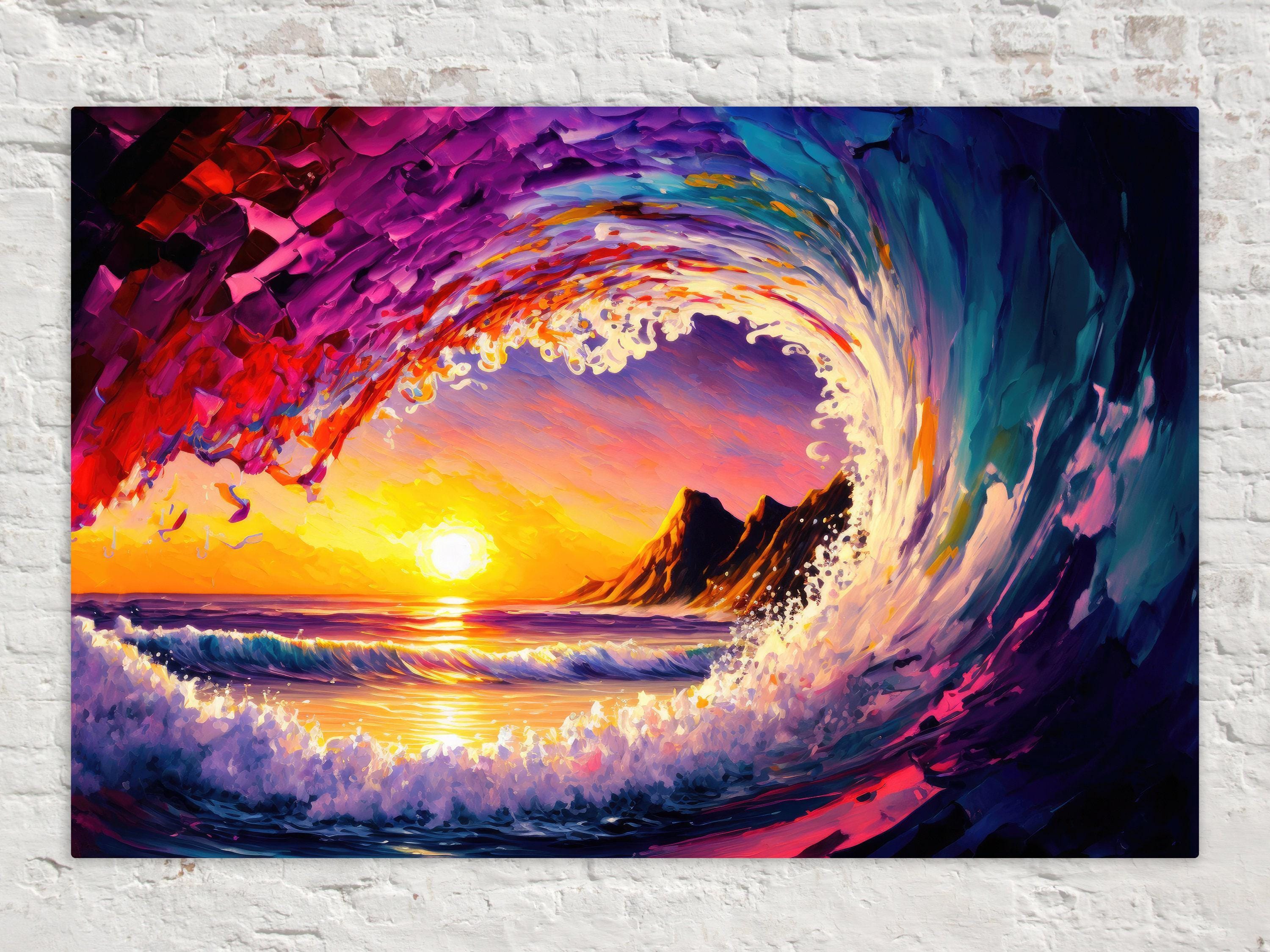 Ocean Wave Canvas Print - Hawaii Surfer Art | Big Wave Art Print, Vibrant Sunset Colors