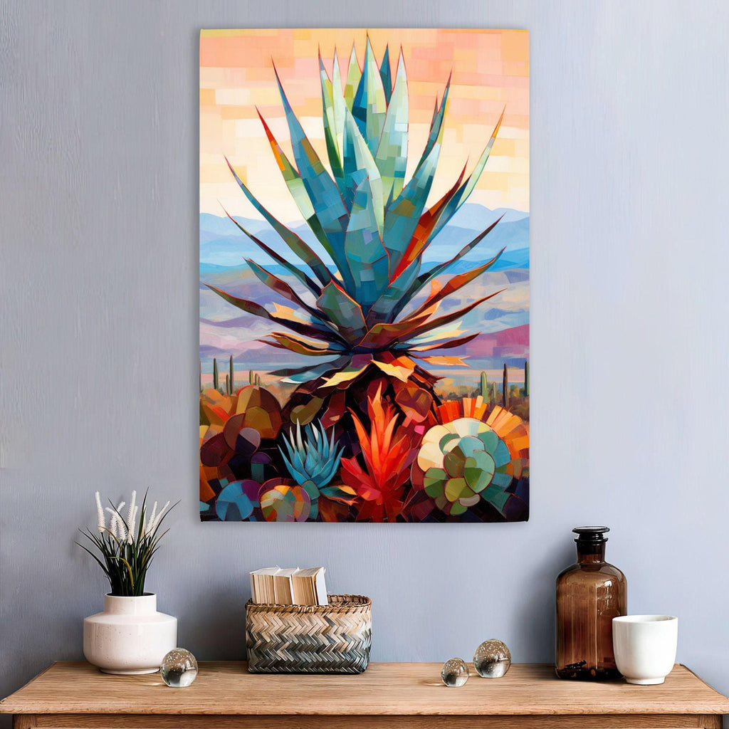 a vibrant, abstract painting of a cactus plant with a colorful, geometric design. The painting is displayed on a wall above a wooden table, which has various decorative items such as a vase, a bottle, and a small woven basket.