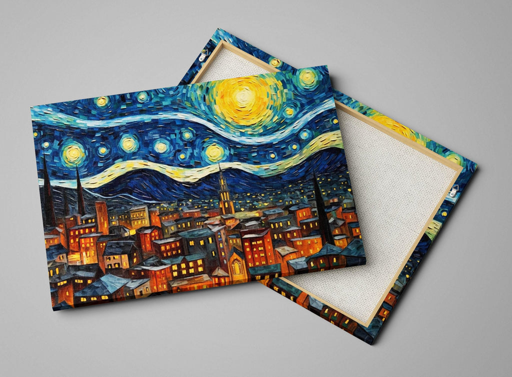 Starry Night Wall Art – Large Canvas Art | Van Gogh Inspired Print, Vibrant Night Sky Painting