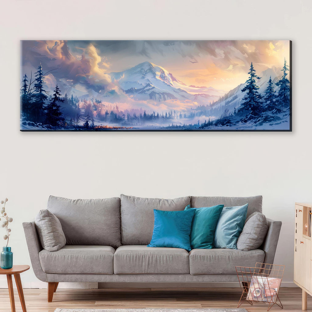 a living room with a couch and a painting on the wall