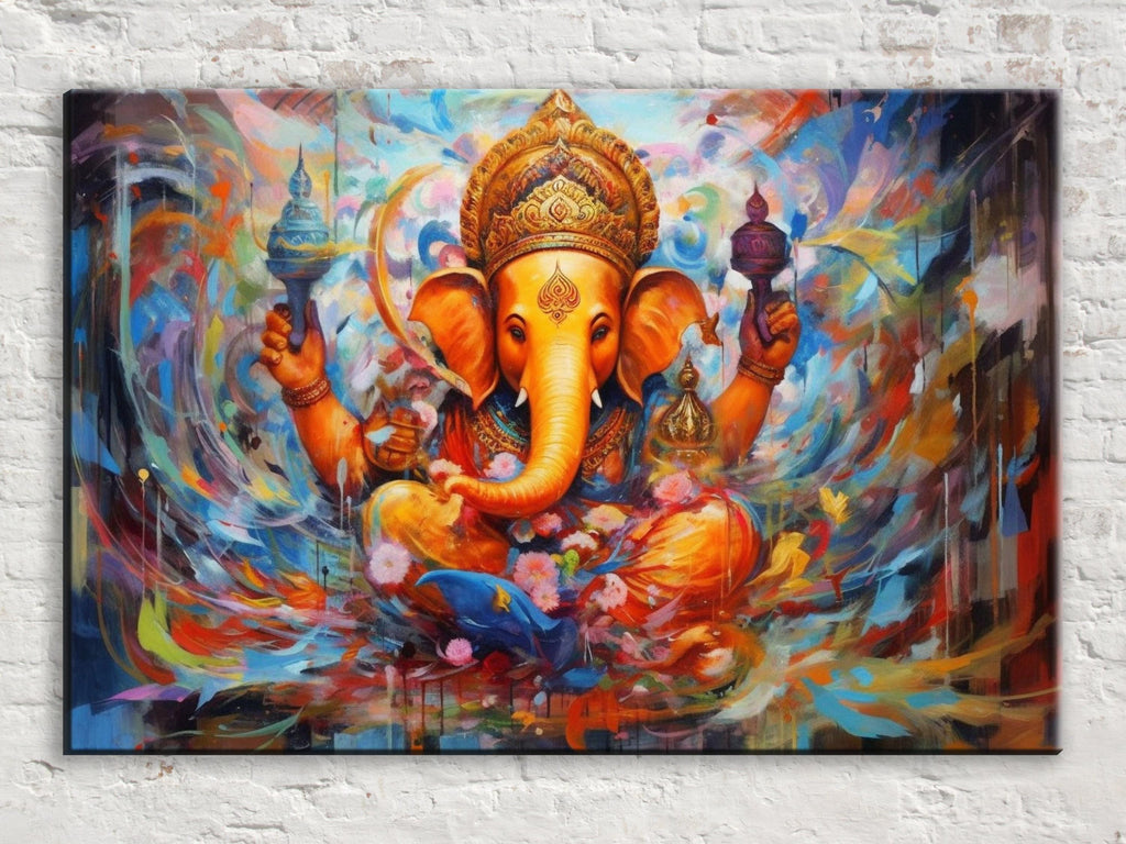 Ganesha Canvas Art – Large Hindu Wall Art With Wooden Frame | Vibrant Spiritual Painting
