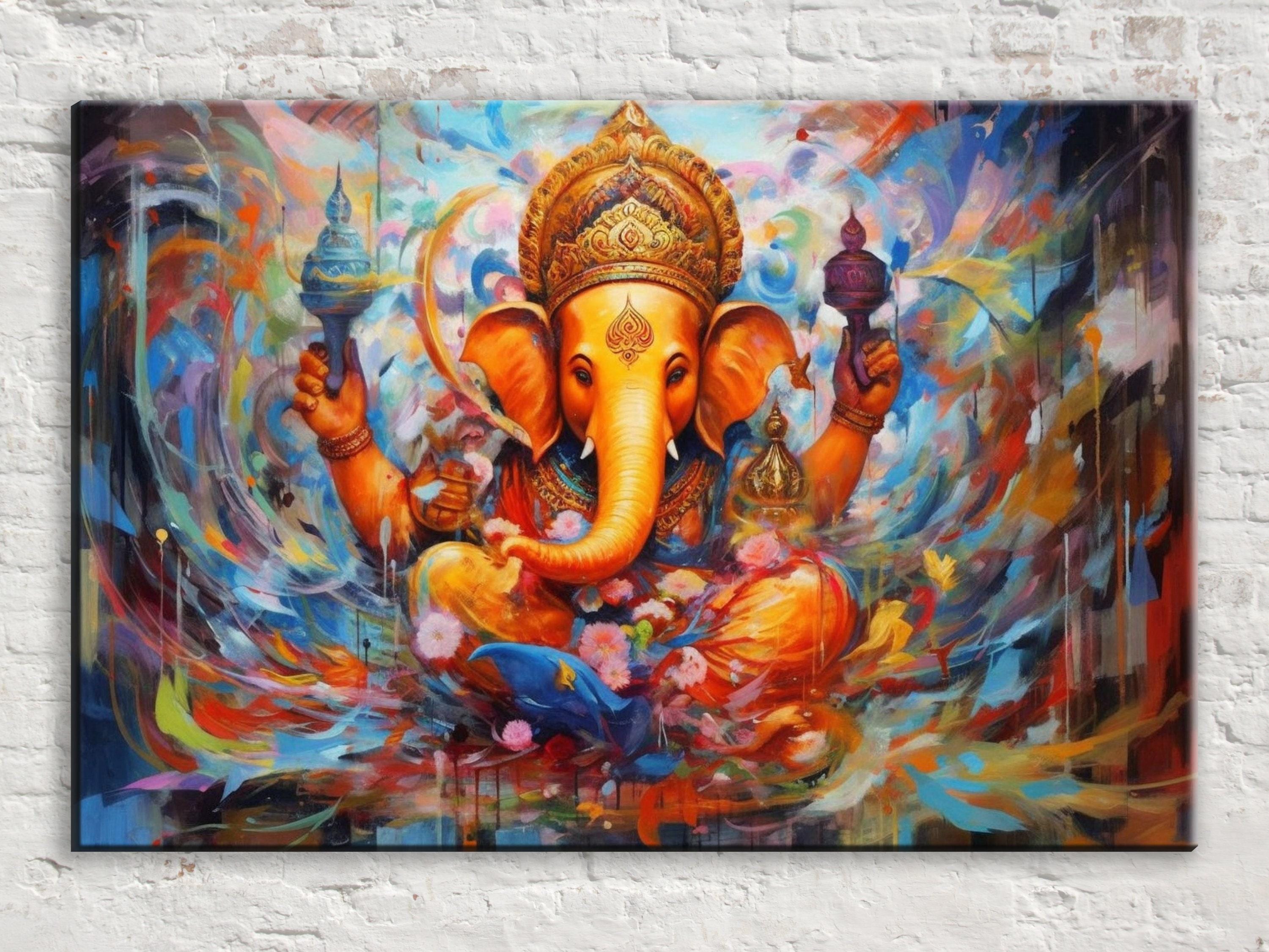 Ganesha Canvas Art – Large Hindu Wall Art With Wooden Frame | Vibrant Spiritual Painting