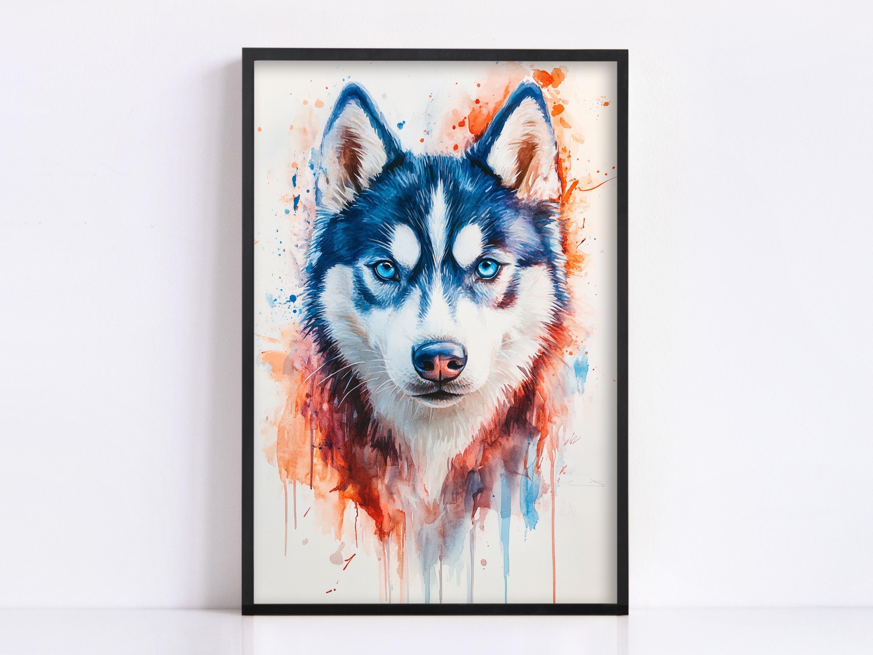 A framed painting of a husky dog with striking blue and white fur and piercing eyes, set against a background of vibrant splashes of color.