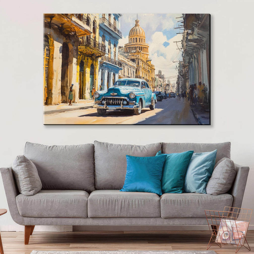 a painting of a blue car driving down a street
