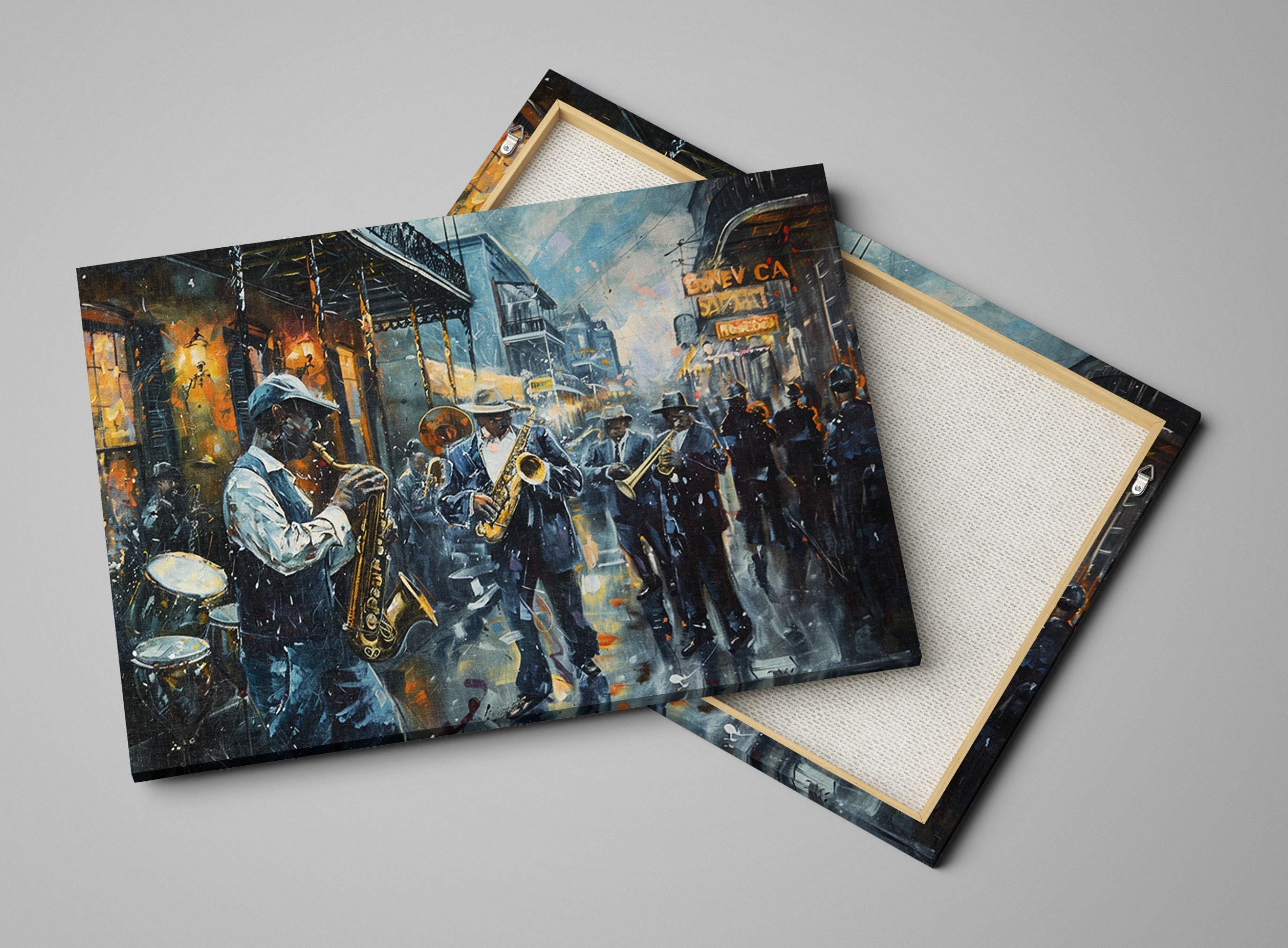 The image is a painting depicting a lively street scene with musicians playing instruments and people walking around.