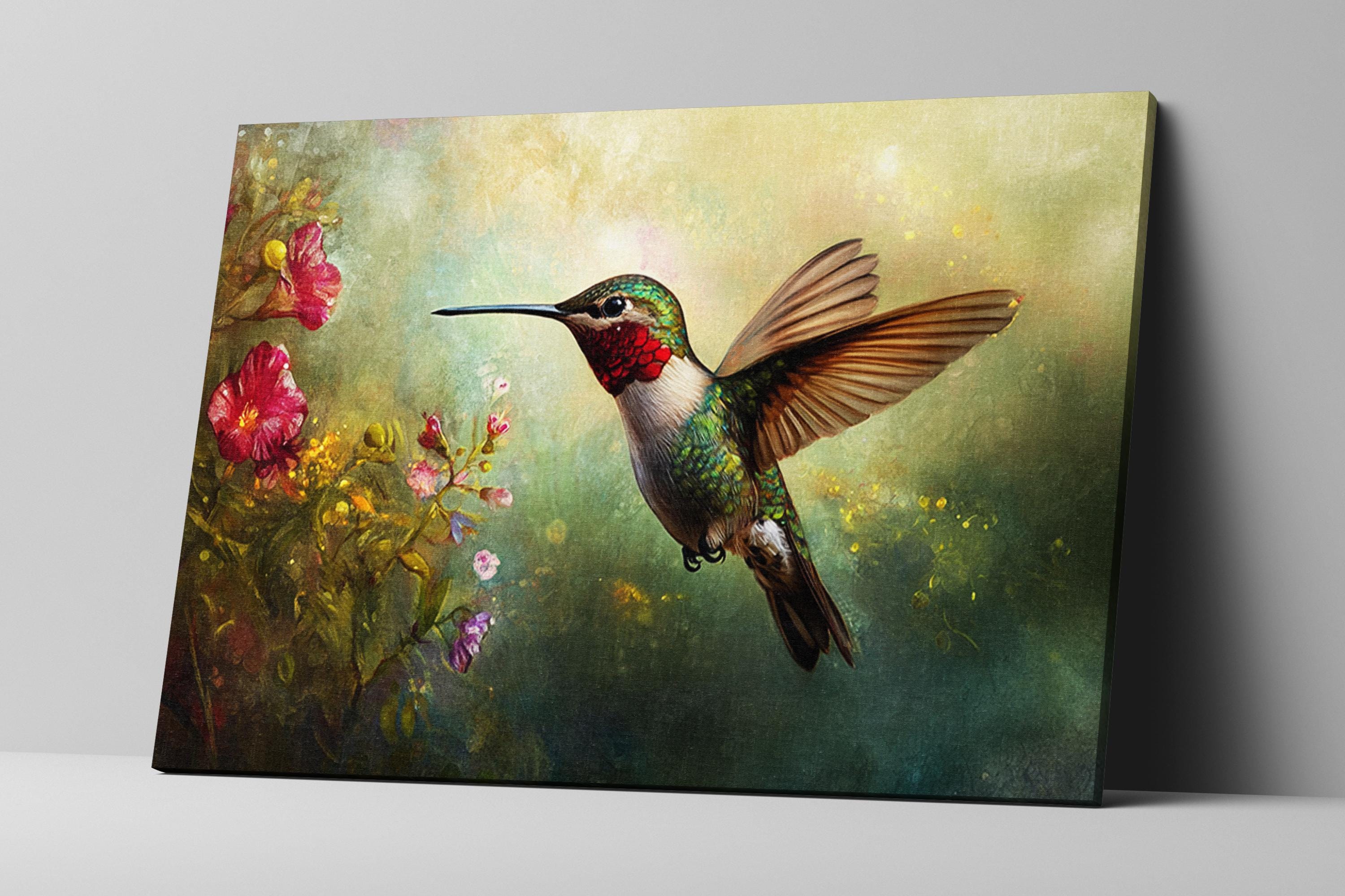 a painting of a hummingbird flying over flowers