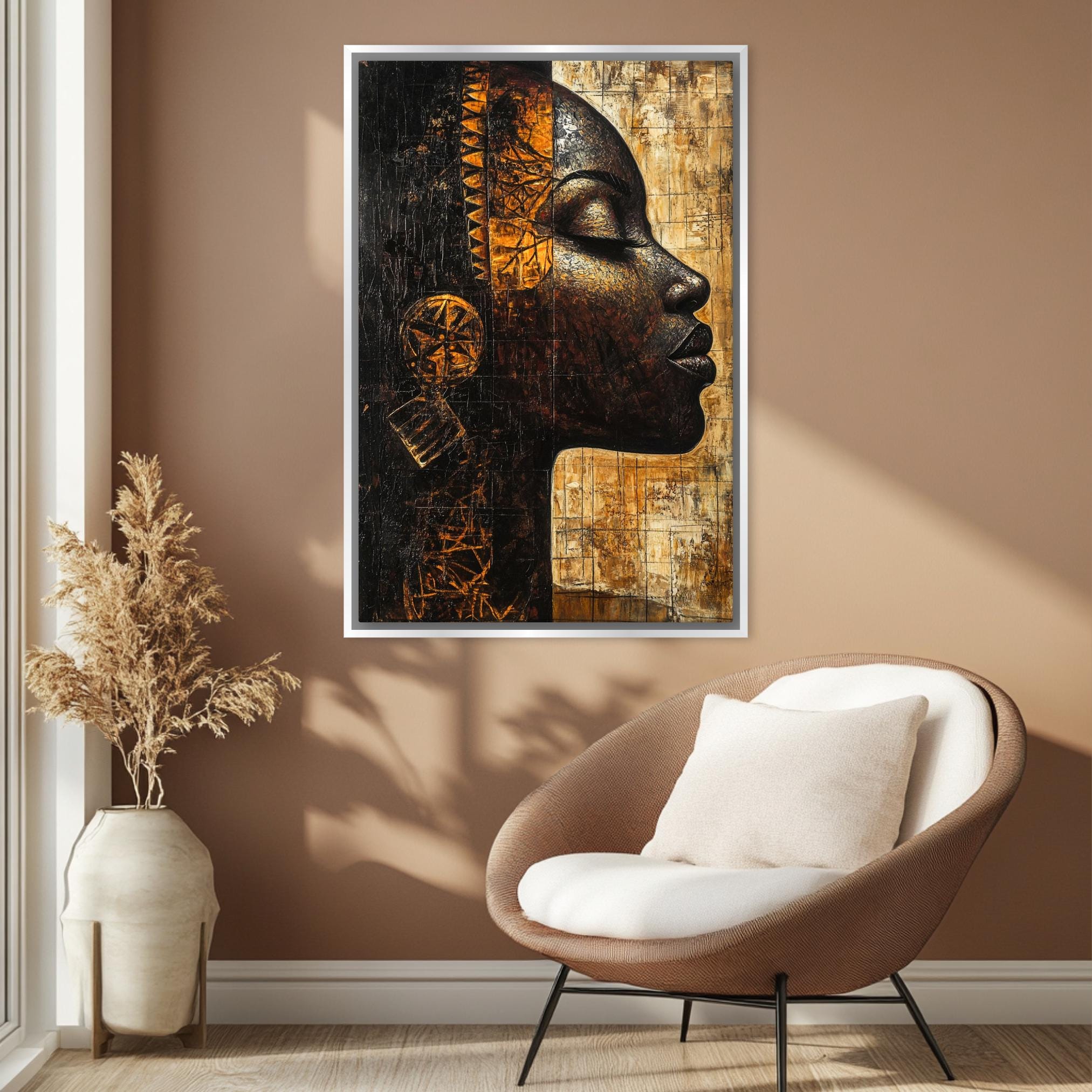 a painting of a woman's face on a wall