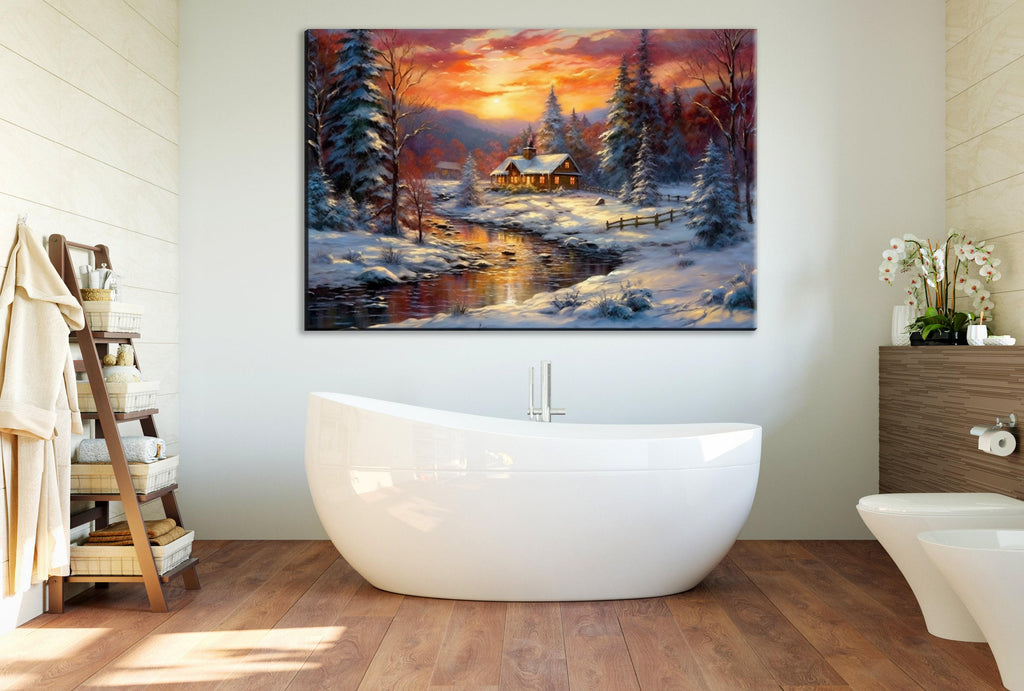 Winter Cabin Canvas | Vintage Oil Painting Rustic Winter Landscape Art - Gallery Wrapped