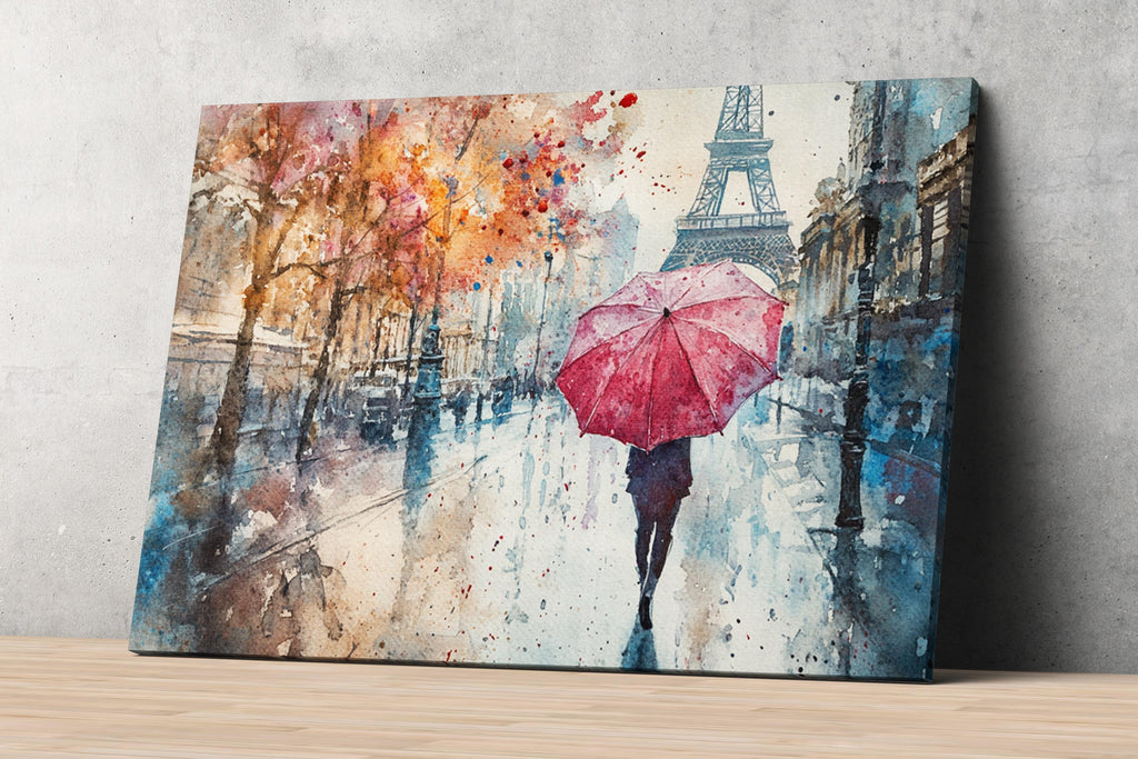 A watercolor painting depicting a person walking down a rainy street with a red umbrella, with the Eiffel Tower visible in the background.