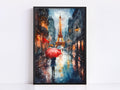 A watercolor painting depicting a rainy scene in Paris, with the Eiffel Tower in the background and a person holding a red umbrella walking down a wet street.