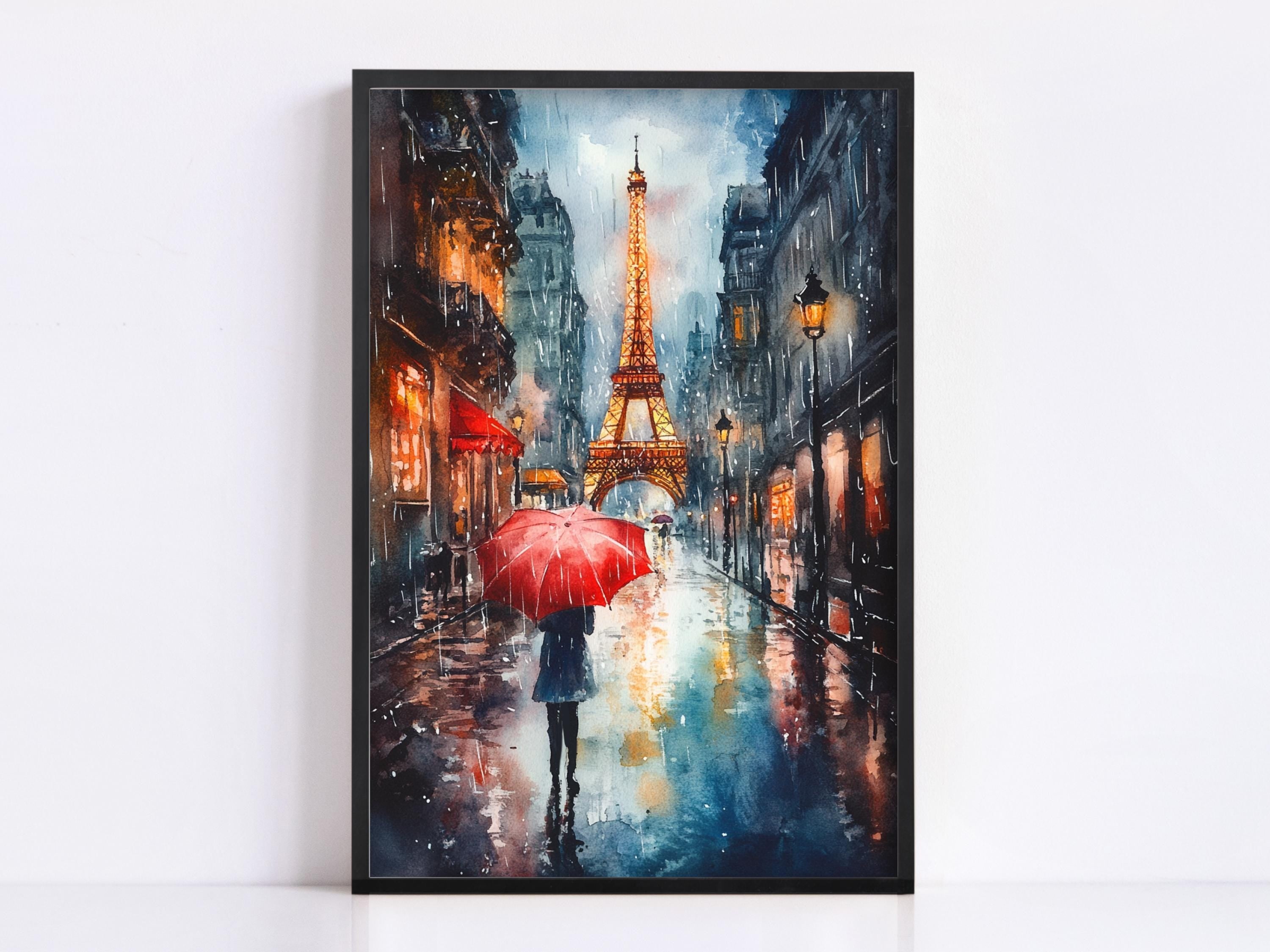 A watercolor painting depicting a rainy scene in Paris, with the Eiffel Tower in the background and a person holding a red umbrella walking down a wet street.